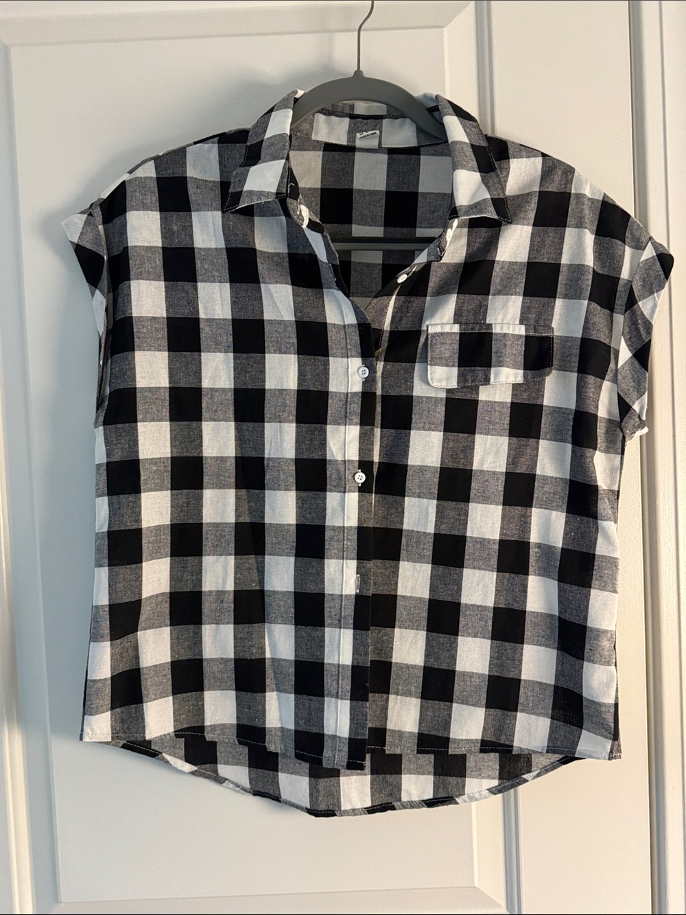 Black & White Buffalo Check Short-Sleeve Button Front Blouse